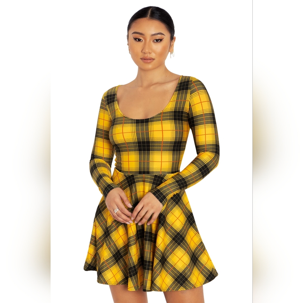 BlackMilk Yellow Tartan Toastie Long Sleeve Skater Dress, Hufflepuff School